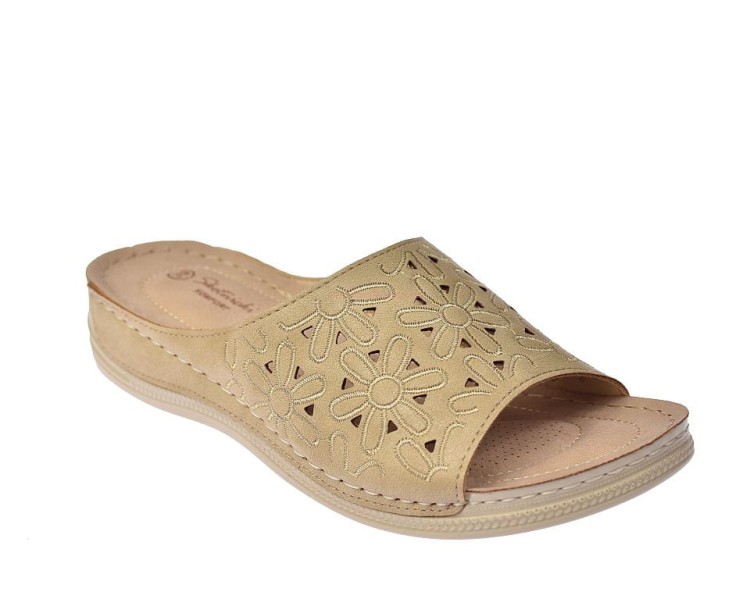 Klapki damskie beżowe z elastyczną podeszwą, komfortowe i stylowe obuwie na lato.