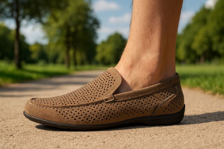 Brązowe mokasyny męskie z eko zamszu z ażurową cholewką