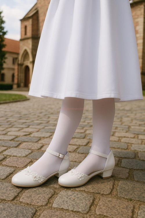 Białe balerinki komunijne American  42/20 z eco skóry na dziedzińcu kościoła