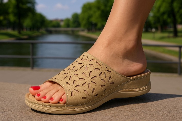 Klapki damskie beżowe skórzane z ażurowym wzorem kwiatowym na stopie, wygodne letnie obuwie.
