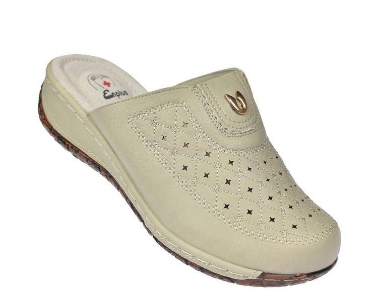 Klapki medyczne damskie Enplus JL395-1 beżowe z zakrytymi palcami i wycinaną cholewką