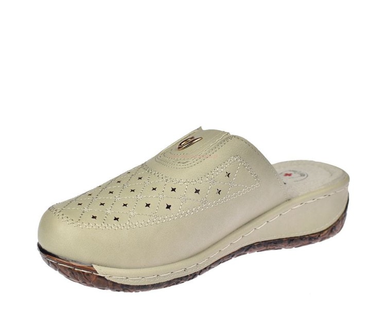 Klapki medyczne beżowe Enplus JL395-1 – skórzana wkładka, wycinana cholewka, koturn