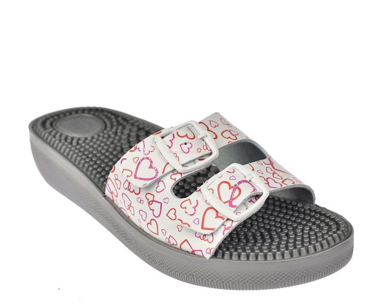 Klapki damskie fakirki Sanital Flex z akupresurą, dwa paski z klamrami, koturn 4 cm
