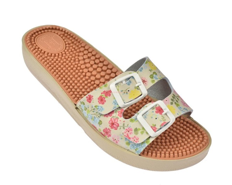 Damskie klapki zdrowotne Sanital Flex 2P32-1029 z dwoma paskami i klamrami, koturn 4 cm