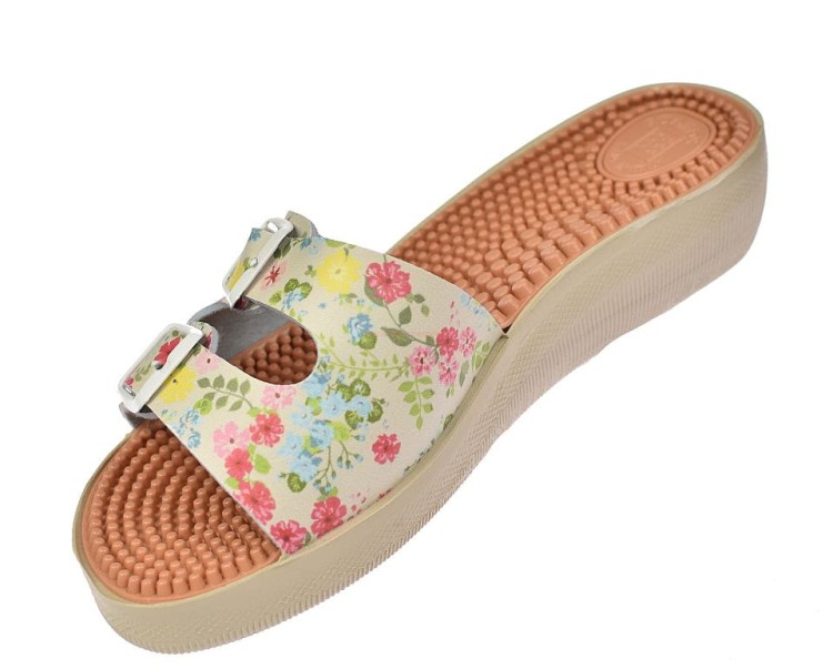 Sanital Flex 2P32-1029 klapki profilaktyczne damskie beżowe z motywem kwiatowym i kolcami masującymi