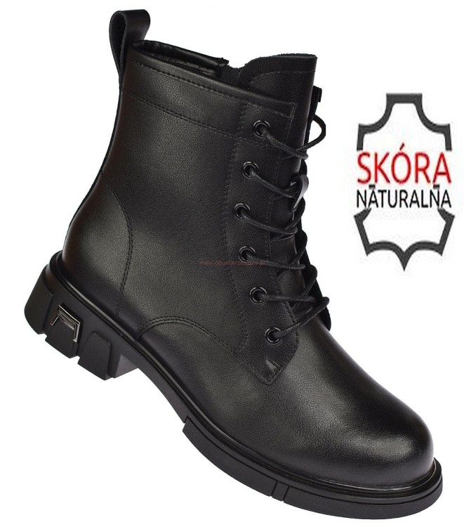 Czarne botki damskie ze skóry naturalnej Jankowski JK/B-3-106 z gustownym zdobieniem na obcasie