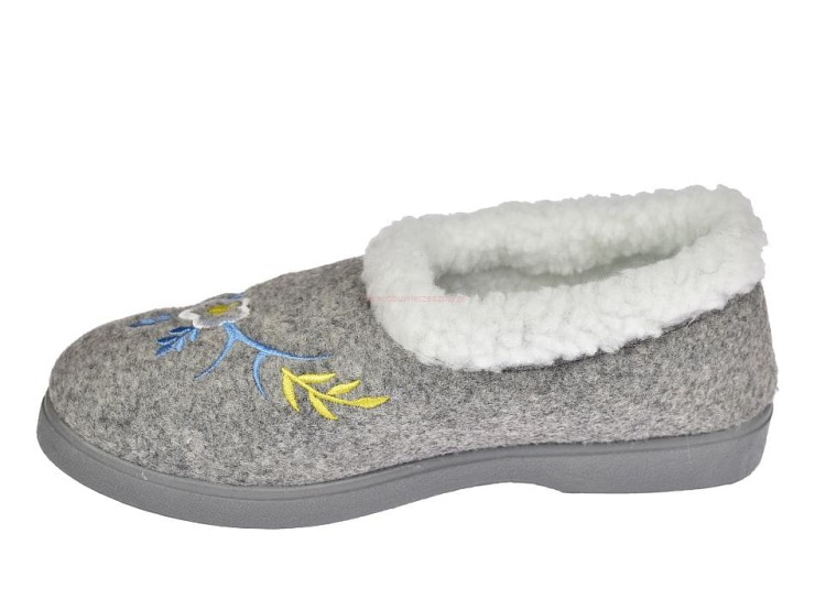 Damskie bambosze B040 jasno szare – krótkie filcowe kapcie z odwijanym futerkiem