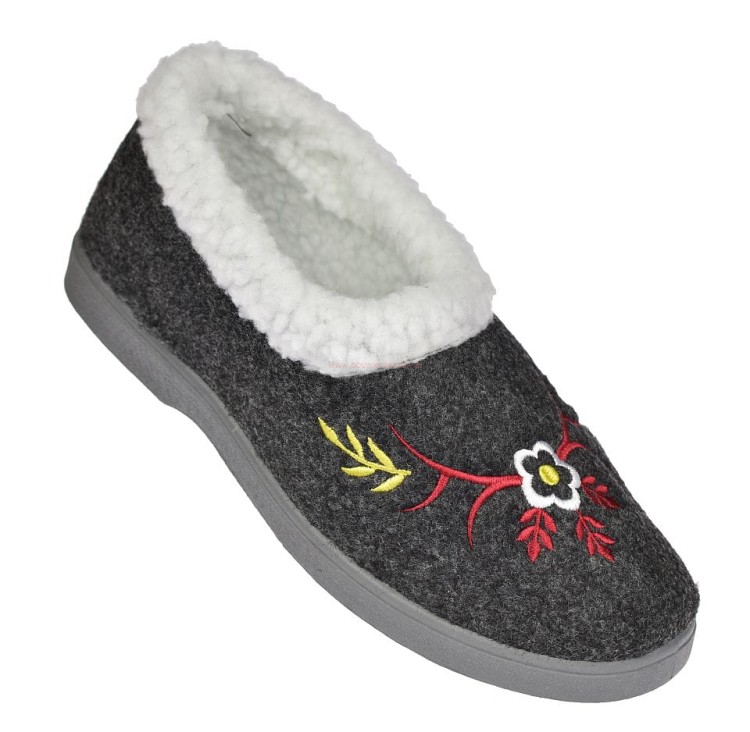 Kapcie damskie B040 szare – ocieplane bambosze filcowe z haftem