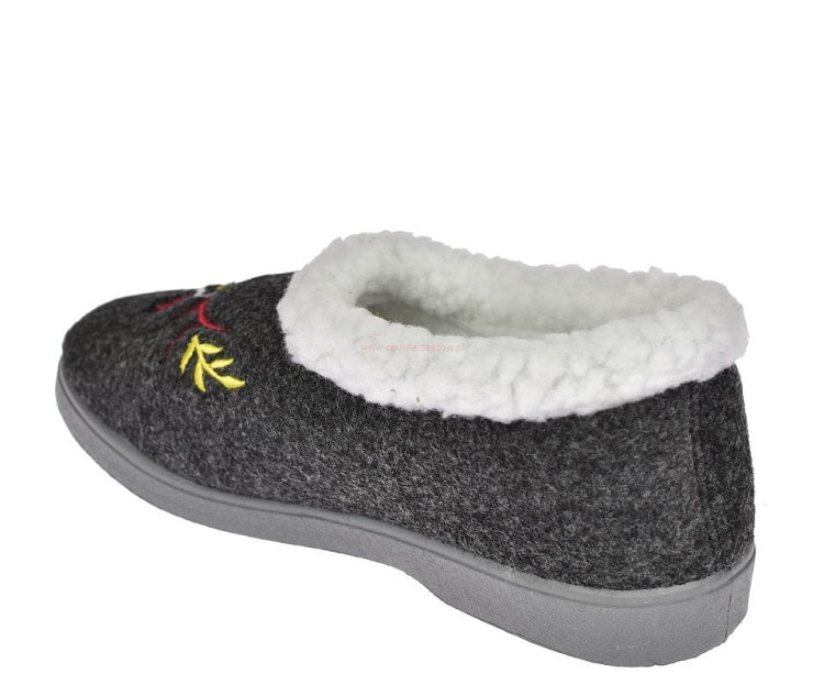 Ocieplane kapcie damskie B040 – wsuwane bambosze szare z haftem