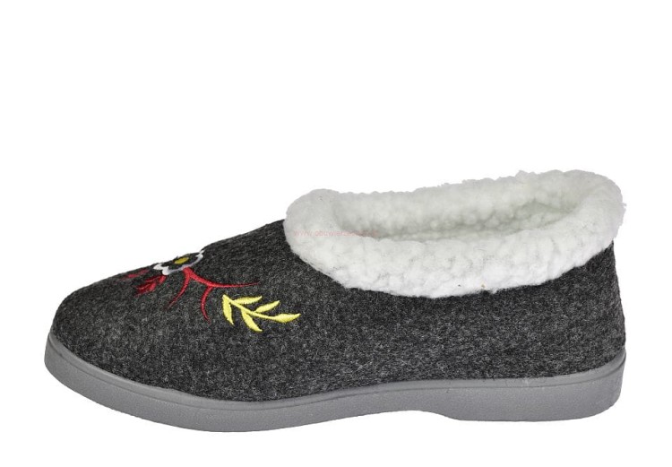 Damskie bambosze B040 szare – krótkie filcowe kapcie z odwijanym futerkiem