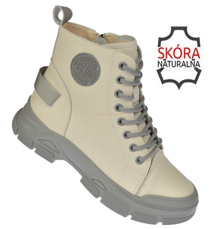 botki damskie B-3-1502 białe skórzane ocieplane na szarej podeszwie