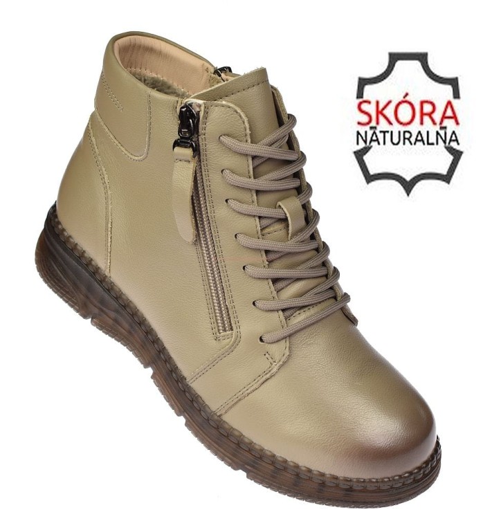 Botki damskie ze skóry naturalnej z zamkiem ocieplane