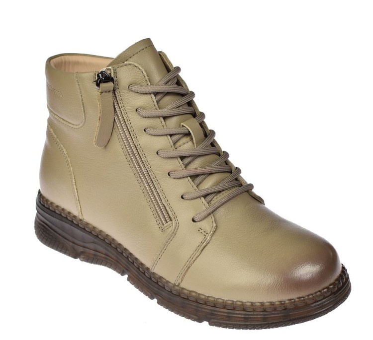 Botki damskie skórzane B-3-1380 camel, ocieplane futerkiem, zaokrąglony nosek, widok z przodu