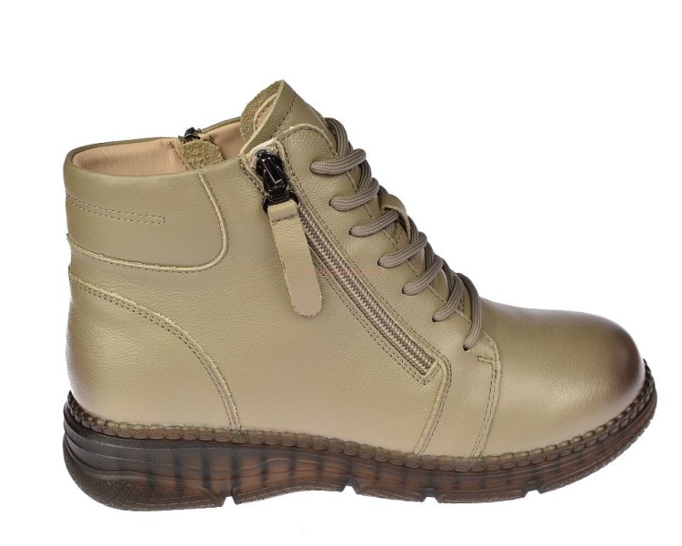 Detale botków damskich B-3-1380 camel – sznurowania i suwaki: praktyczny wewnętrzny, ozdobny zewnętrzny
