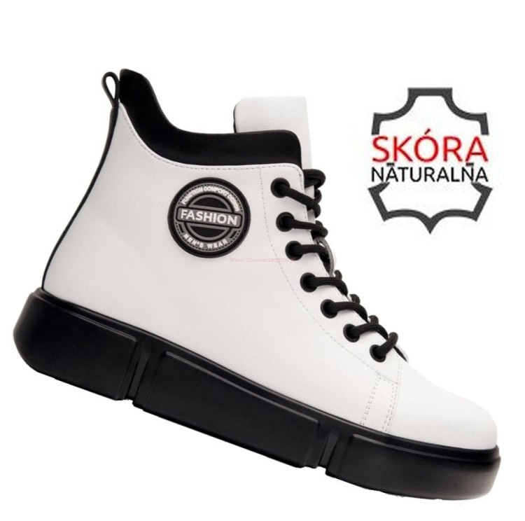 Ocieplane botki damskie skórzane białe na suwak i sznurowane