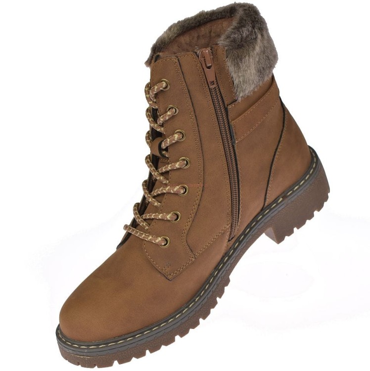 Botki damskie Skotnicki B-3-1344 brązowe trapery z futerkiem 19 cm