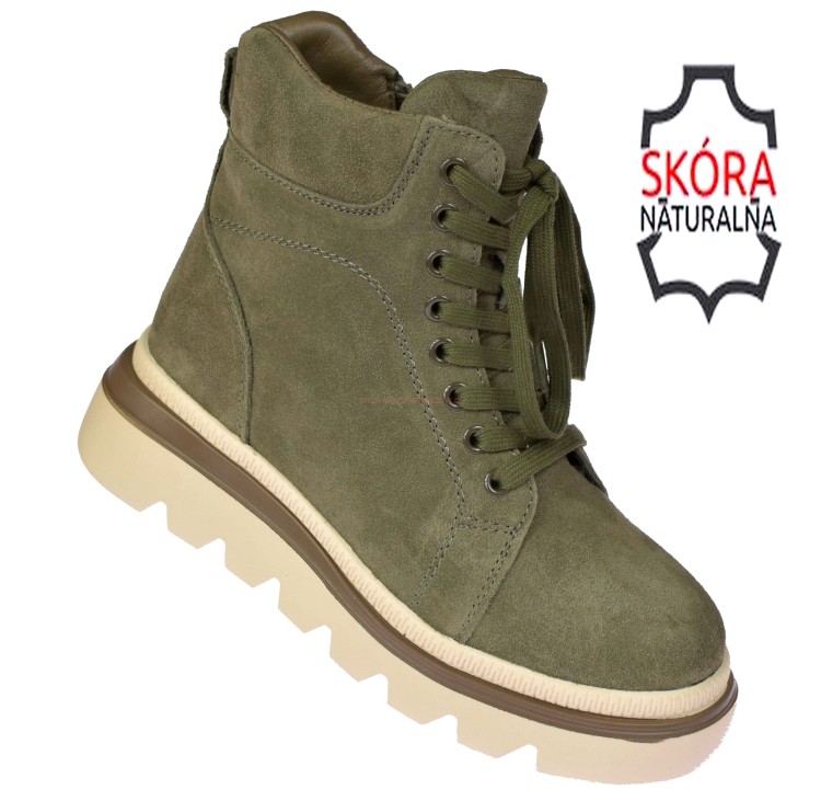 botki zimowe damskie skórzane khaki na platformie 4 cm