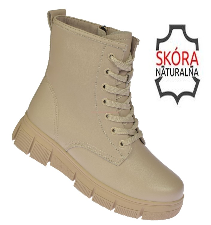 botki damskie B-31378 beżowe skórzane ocieplane Skotnicki