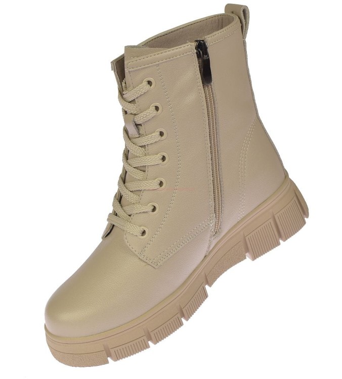 beżowe botki damskie za kostkę ocieplane na suwak i sznurowadła