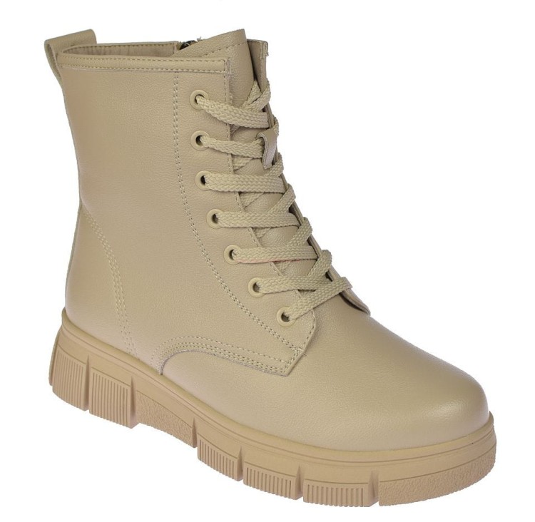 skórzane botki damskie zimowe beżowe z obcasem 4,5 cm