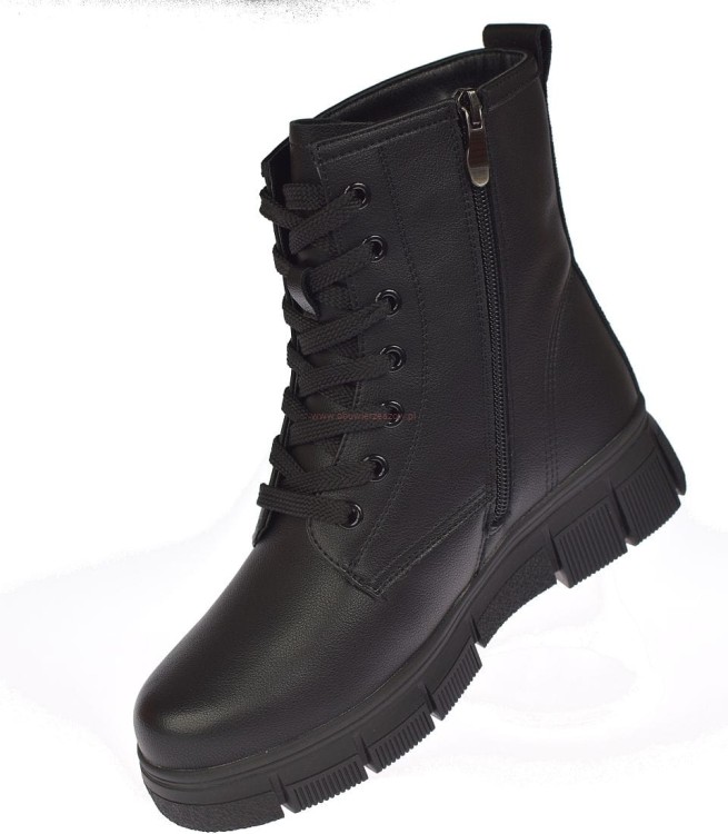 skórzane botki damskie zimowe czarne na suwak i sznurowadła