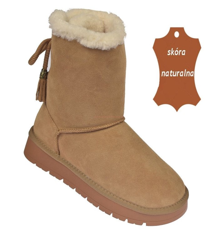 Wysokie śniegowce damskie skórzane American CY180 Camel ocieplane futerkiem