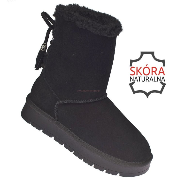 Wysokie śniegowce damskie skórzane czarne American CY180  ocieplane futerkiem