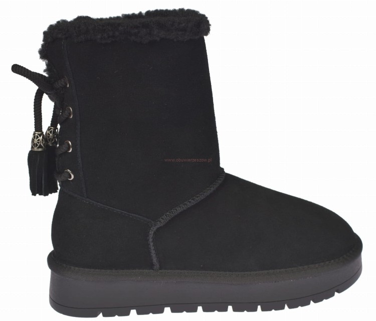 Ocieplane śniegowce damskie ze skóry welurowej Black – tył buta z sznurowaniem