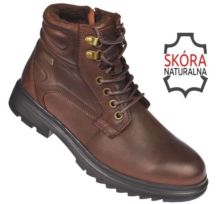 brązowe skórzane buty męskie American CY136 sznurowane na zamek