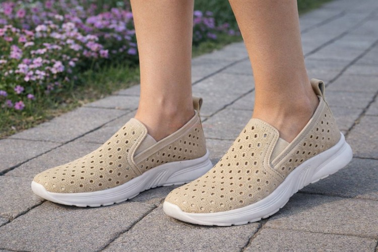 Beżowe buty damskie wsuwane Skotnicki A-3-0588 na damskich nogach