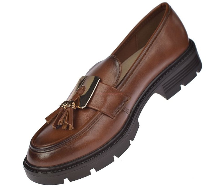 Damskie loafersy Skotnicki brązowe z ozdobą