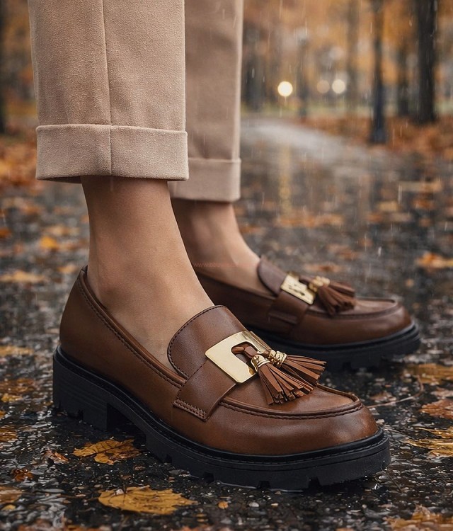 Półbuty damskie na obcasie brązowe na grubej podeszwie