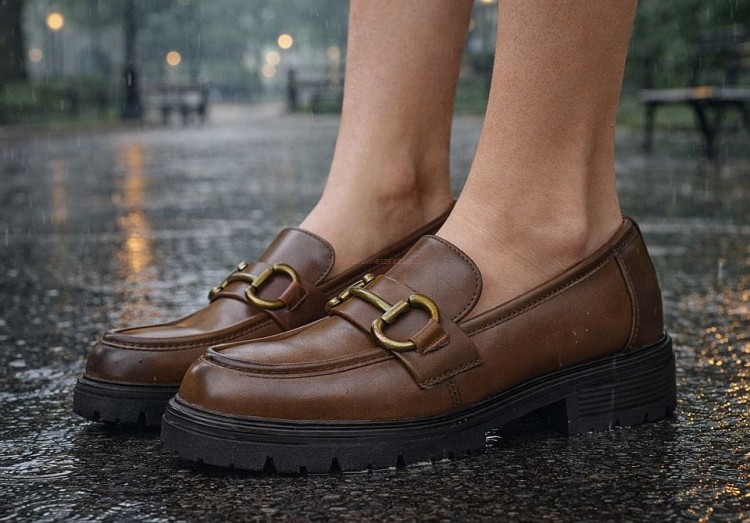 Półbuty damskie na obcasie eleganckie loafersy brązowe