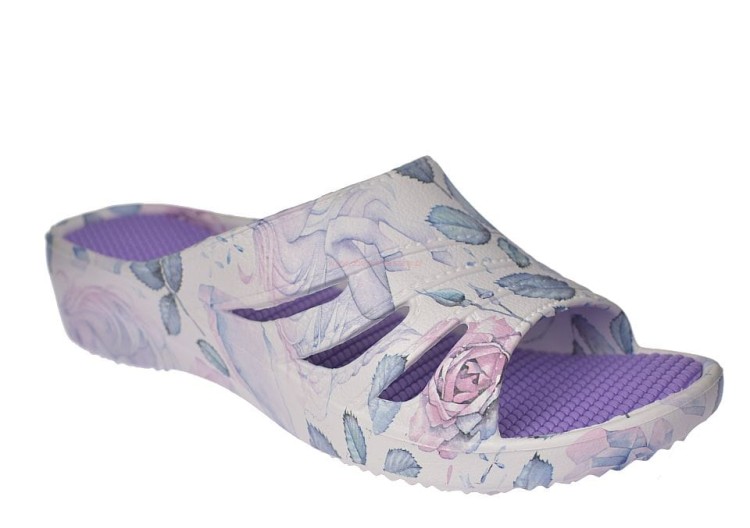 Klapki plażowe damskie biało-fioletowe z motywem kwiatowym
