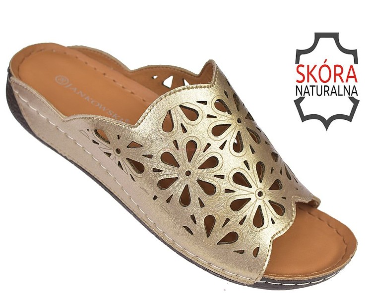 Skórzane klapki damskie złote JK/S-3-221 na platformie