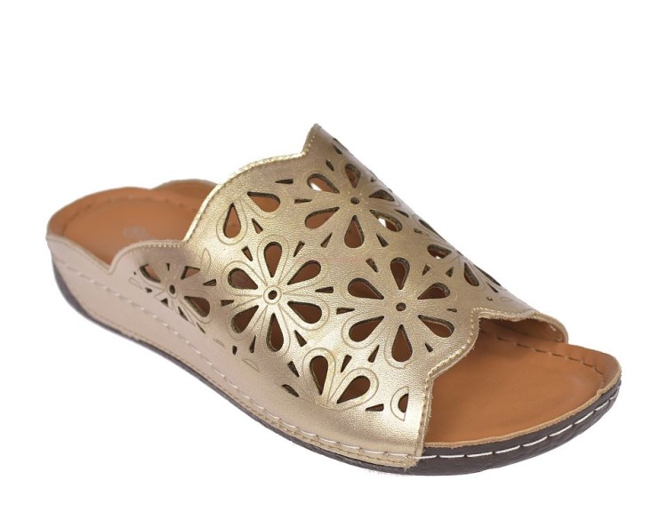 Skórzane klapki damskie Jankowski JK/S-3-221 złote na platformie 3 cm