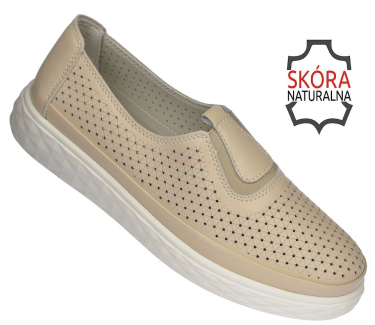 Mokasyny damskie beżowe skórzane Ladie’s Style 22847 przód