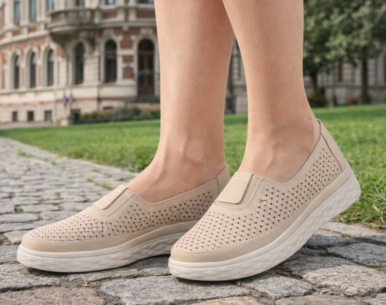 Skórzane mokasyny damskie beżowe ażurowe Ladie’s Style 22847