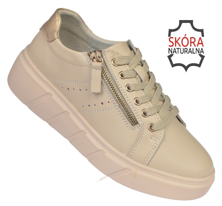Buty sportowe skórzane damskie beżowe na platformie