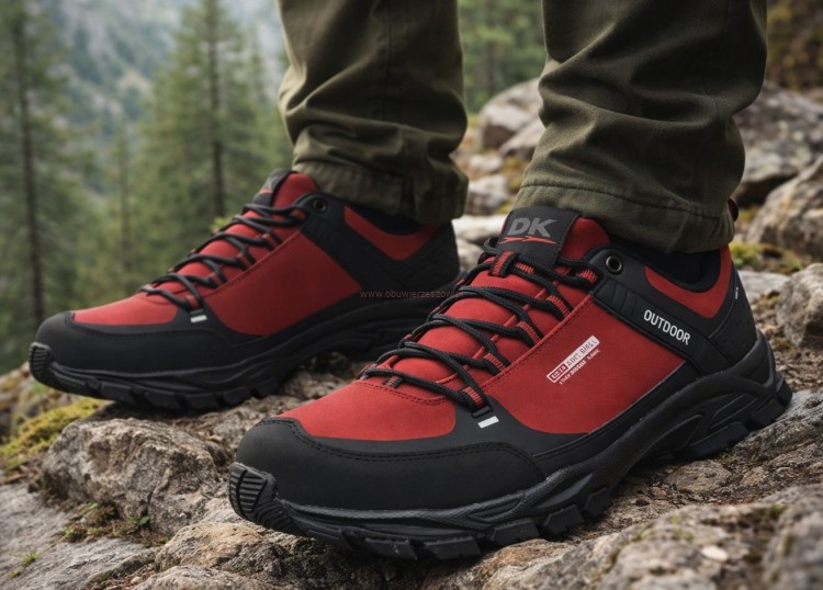 czerwone trekkingi męskie DK 1096 na skałach w górskim lesie