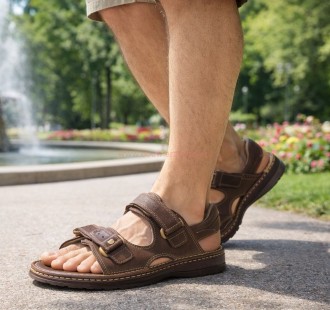 Skórzane sandały męskie na rzepy Polskie brązowe