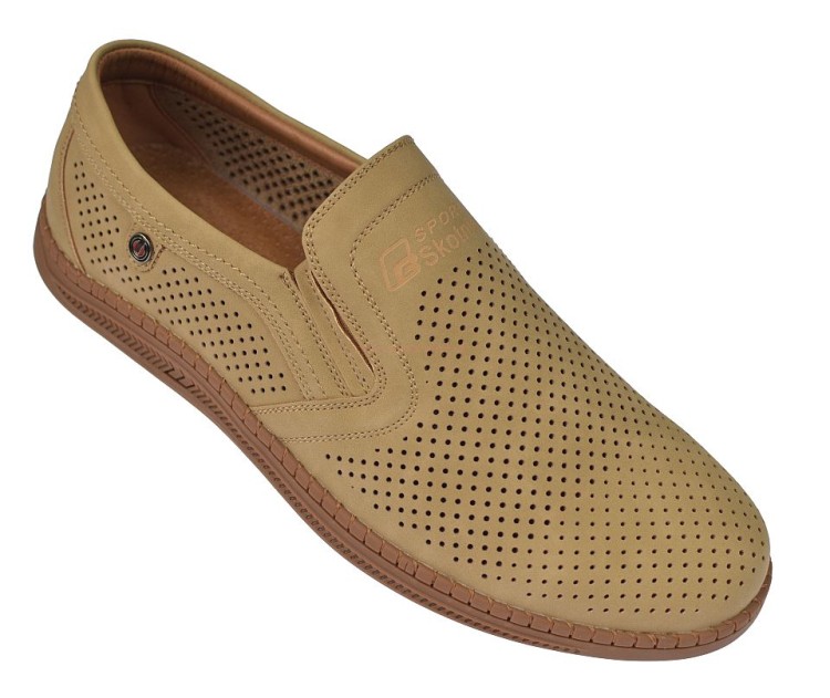 mokasyny męskie ażurowe beżowe Skotnicki P-4-7043 wsuwane półbuty