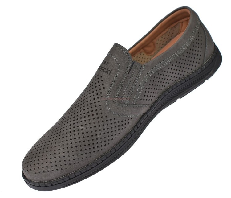mokasyny męskie z eko zamszu szare perforowane