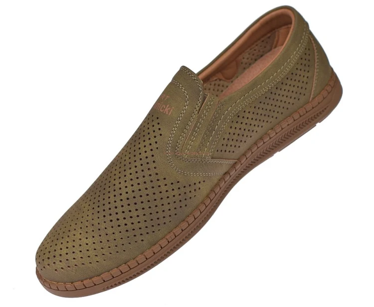 mokasyny męskie z eko zamszu khaki perforowane