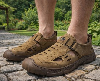 Sandały męskie skórzane pełne półbuty letnie wycinane na rzepy