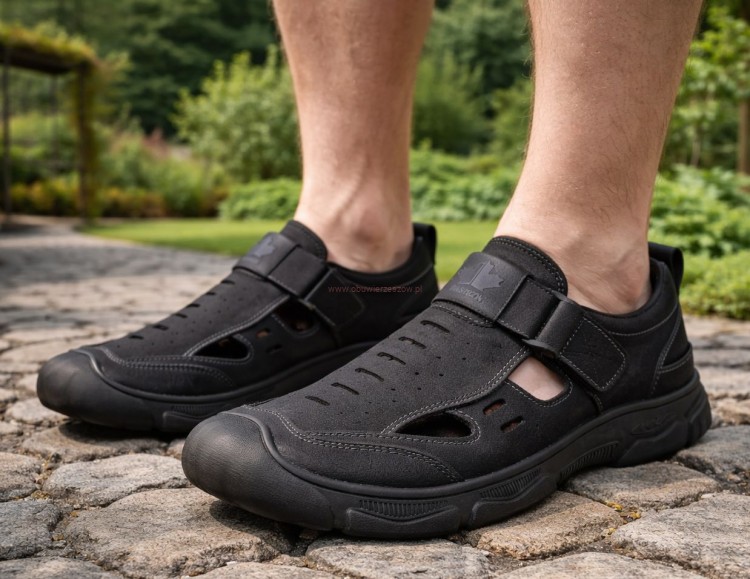 sandały męskie pełne nubukowe mokasyny wycinane na rzepy