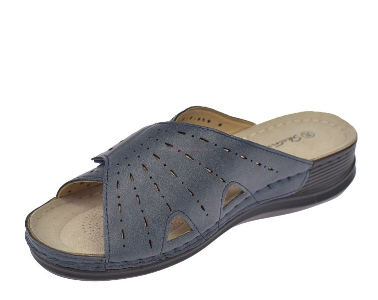 Klapki damskie granatowe na koturnie regulowane rzepem lekkie