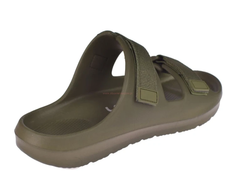 Klapki na plażę męskie piankowe z paskami na rzep khaki