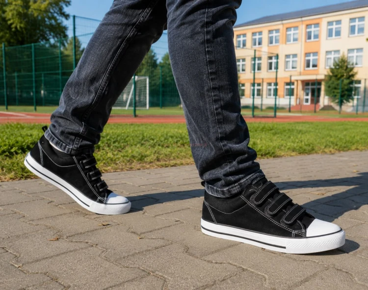 Czarne trampki męskie na rzepy biała podeszwa do szkoły i na co dzień