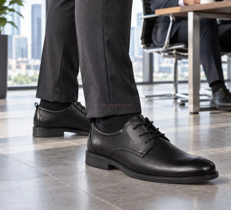 Czarne buty męskie ze skóry eleganckie na nogach wizualizacja